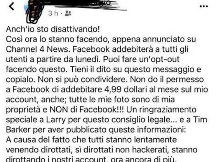 Messaggio falso su Facebook