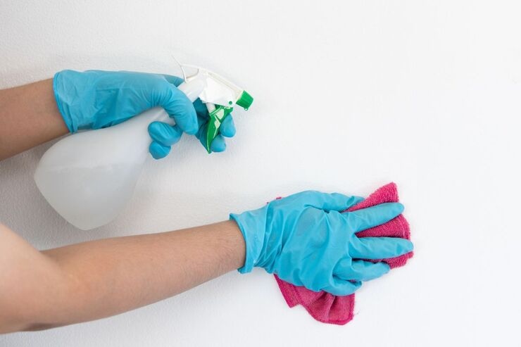 donna che pulisce muro con detergente spray e panno